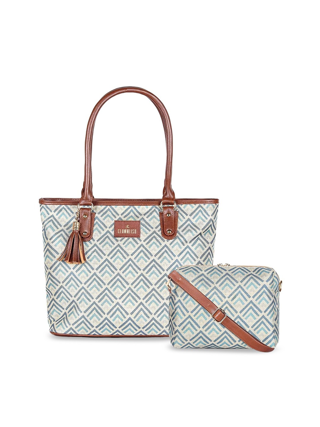 

THE CLOWNFISH Women White Geometric Printed Structured Shoulder Bag with Tasselled