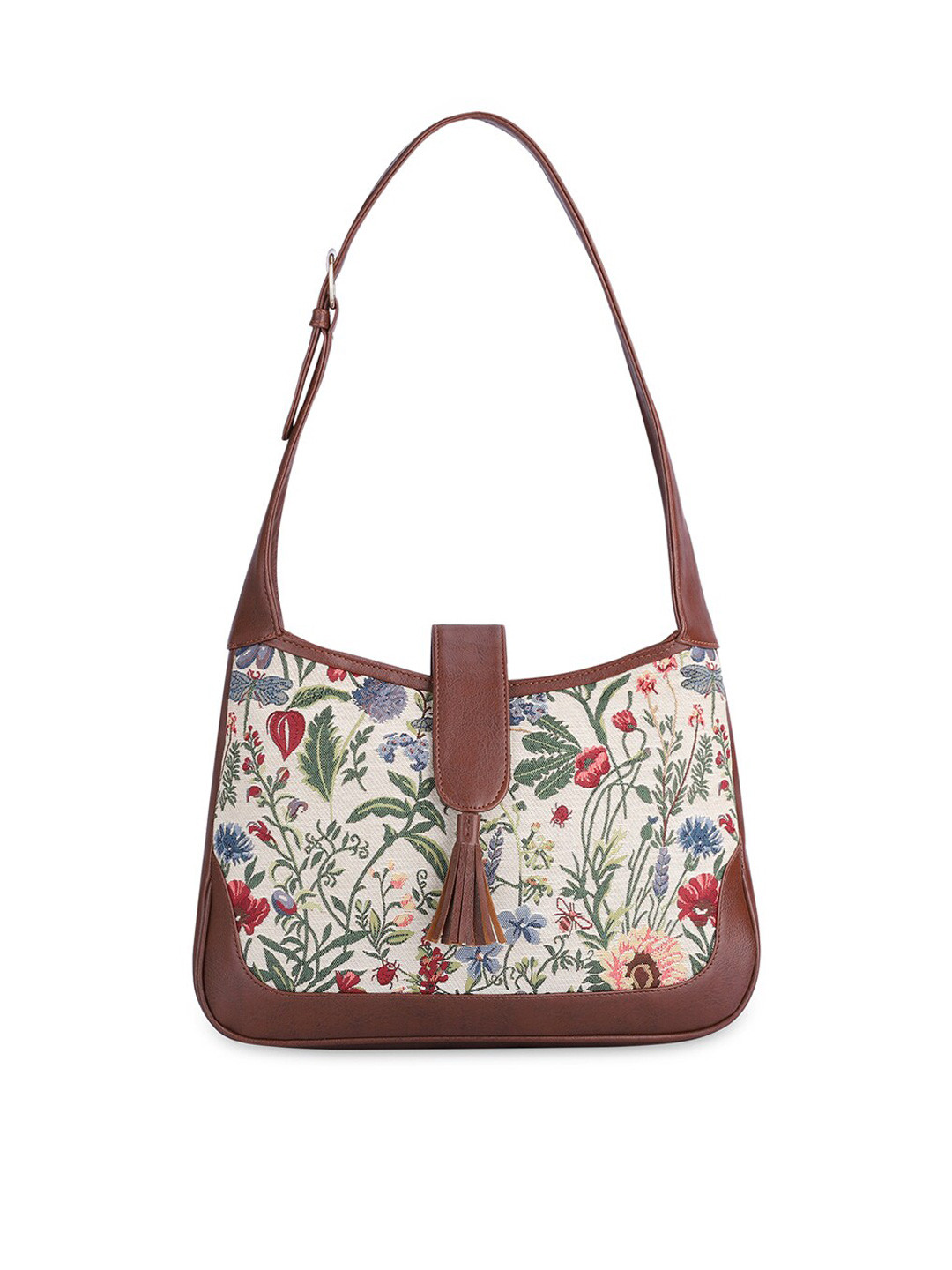 

THE CLOWNFISH Samantha White Geometric Printed Structured Shoulder Bag with Tasselled