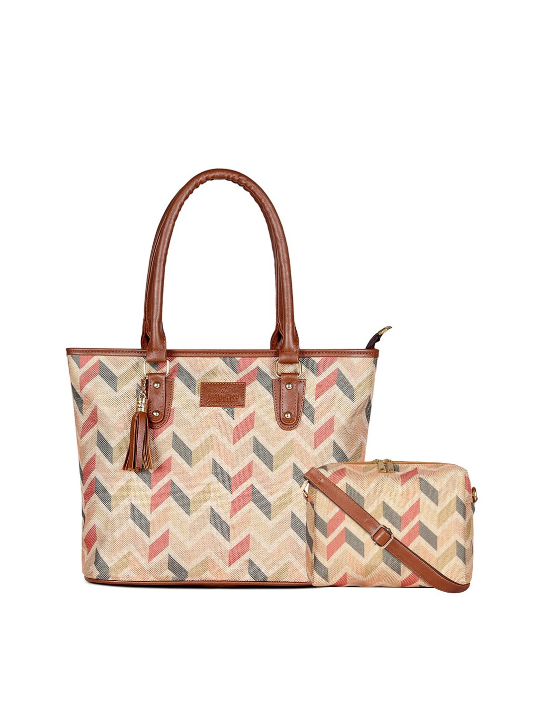 

THE CLOWNFISH Percy & Isla Women Geometric Printed Tasselled Handheld Bag & Sling Bag, Cream