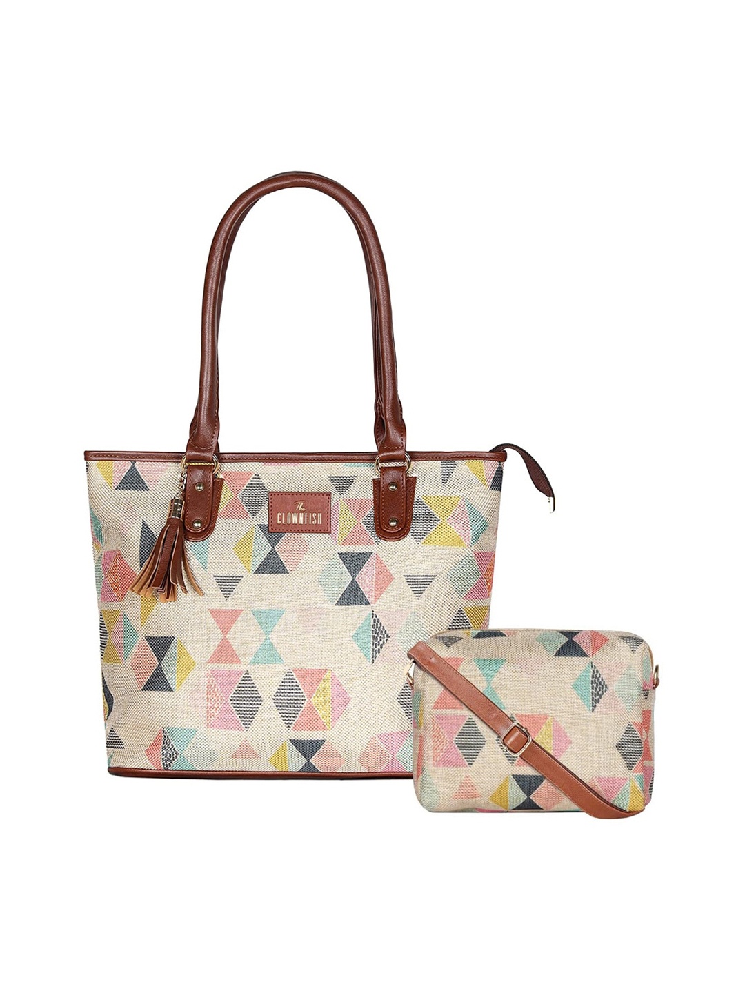 

THE CLOWNFISH Women Beige Geometric Printed Shopper Shoulder Bag with Tasselled
