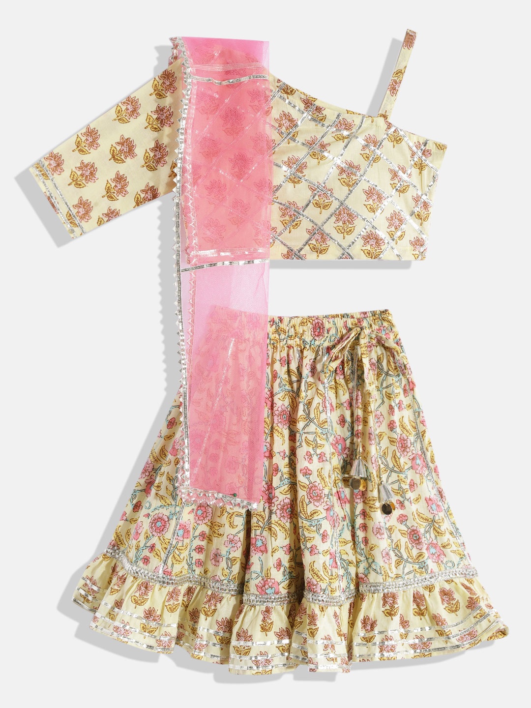 

Readiprint Fashions Girls Beige & Pink Printed Ready to Wear Lehenga & Blouse With Dupatta