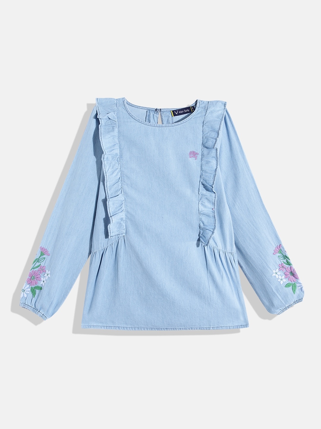 

Allen Solly Junior Girls Cotton Floral Embroidered Ruffle Detail Top, Blue