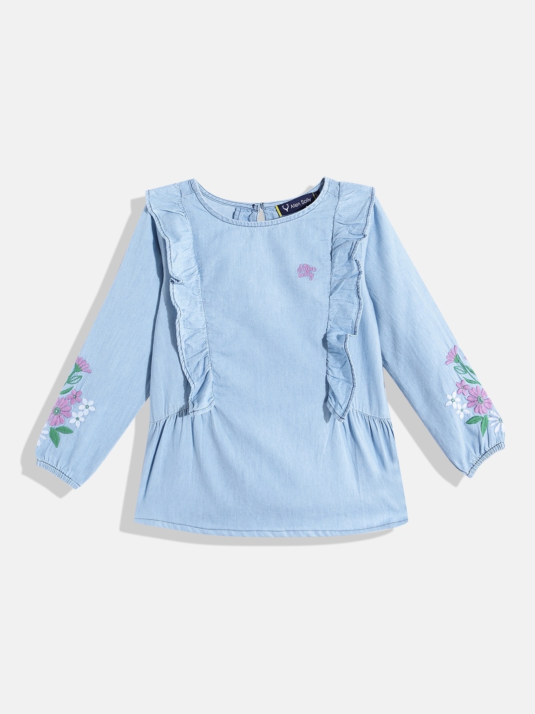 

Allen Solly Junior Girls Cotton Floral Embroidered Ruffle Detail Top, Blue