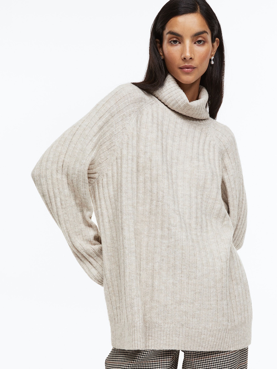 

H&M Women Beige Rib-Knit Polo-Neck Jumper