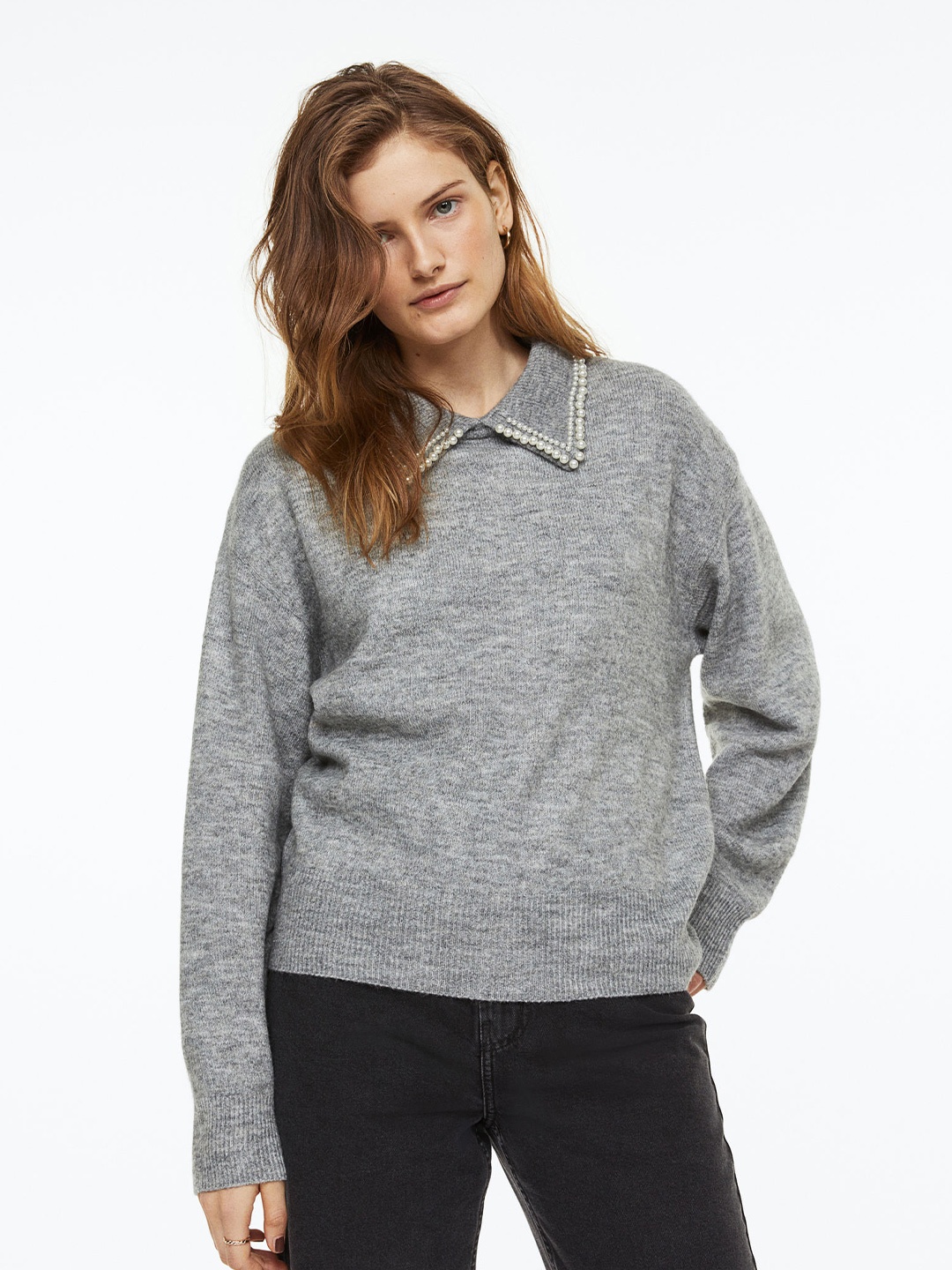 

H&M Women Beaded-Collar Jumper, Grey