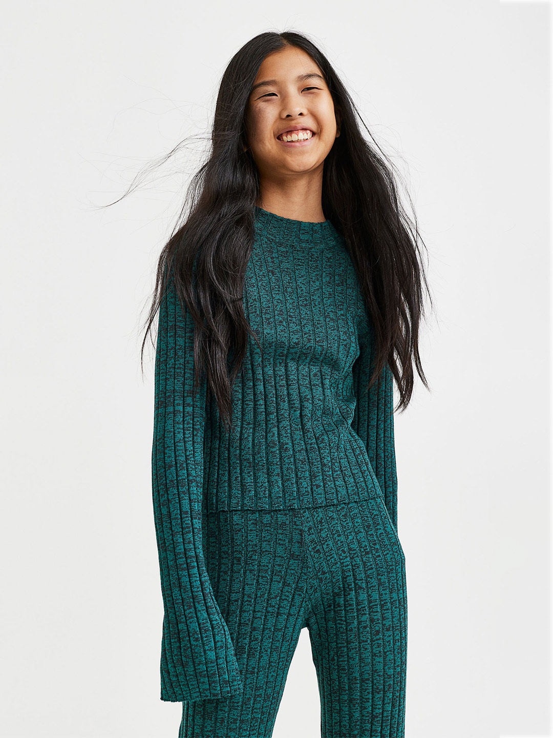 

H&M Girls Ribbed Knitted Top, Turquoise blue