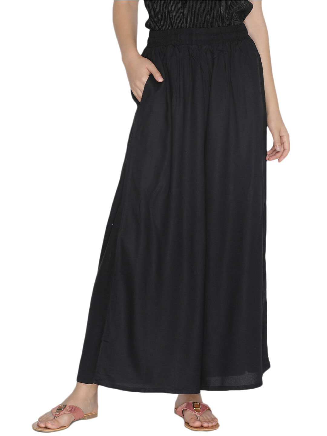 

LYRA Women Black Cotton Flared Knitted Palazzos