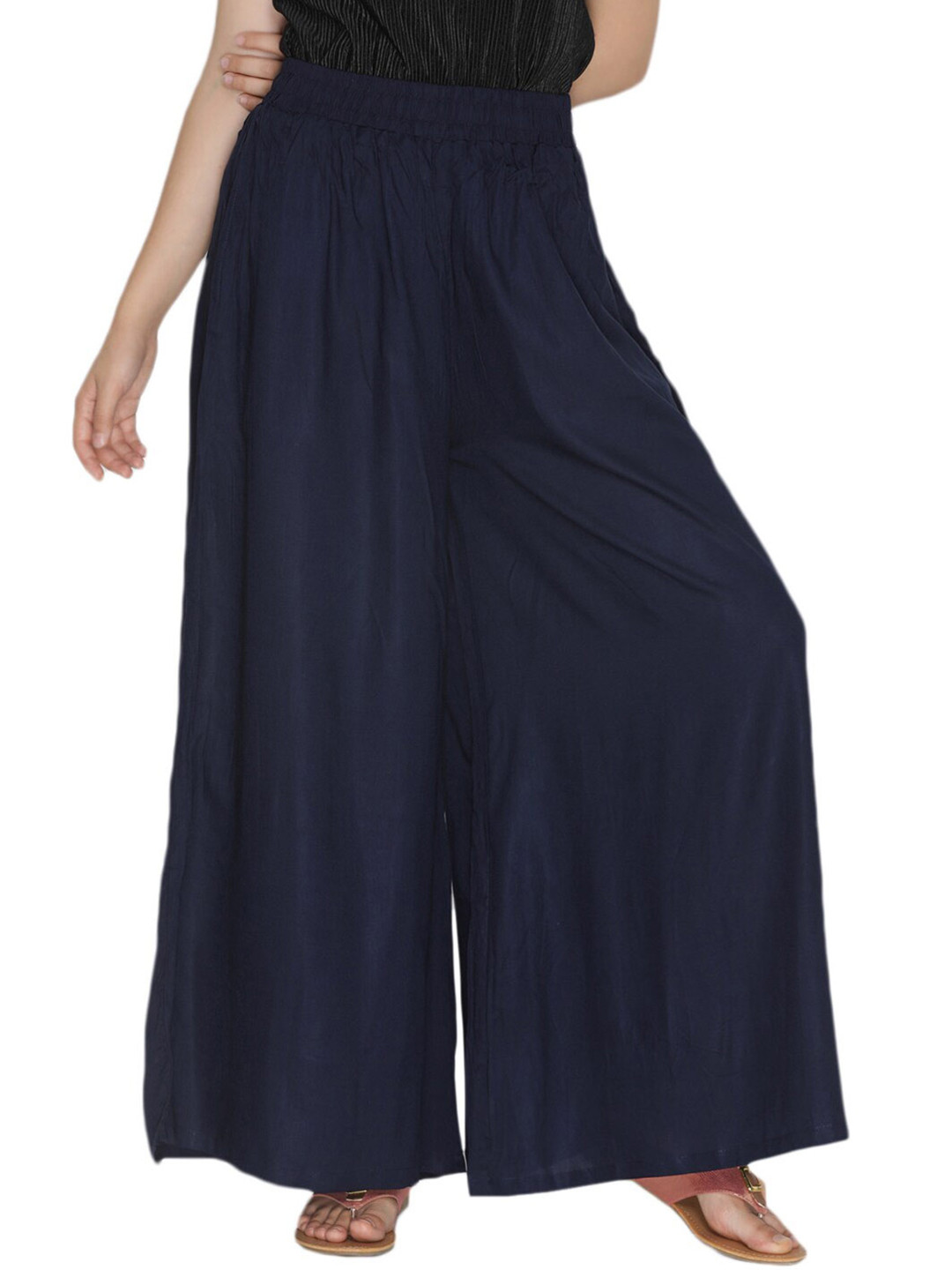 

LYRA Women Navy Blue Cotton Flared Knitted Palazzos