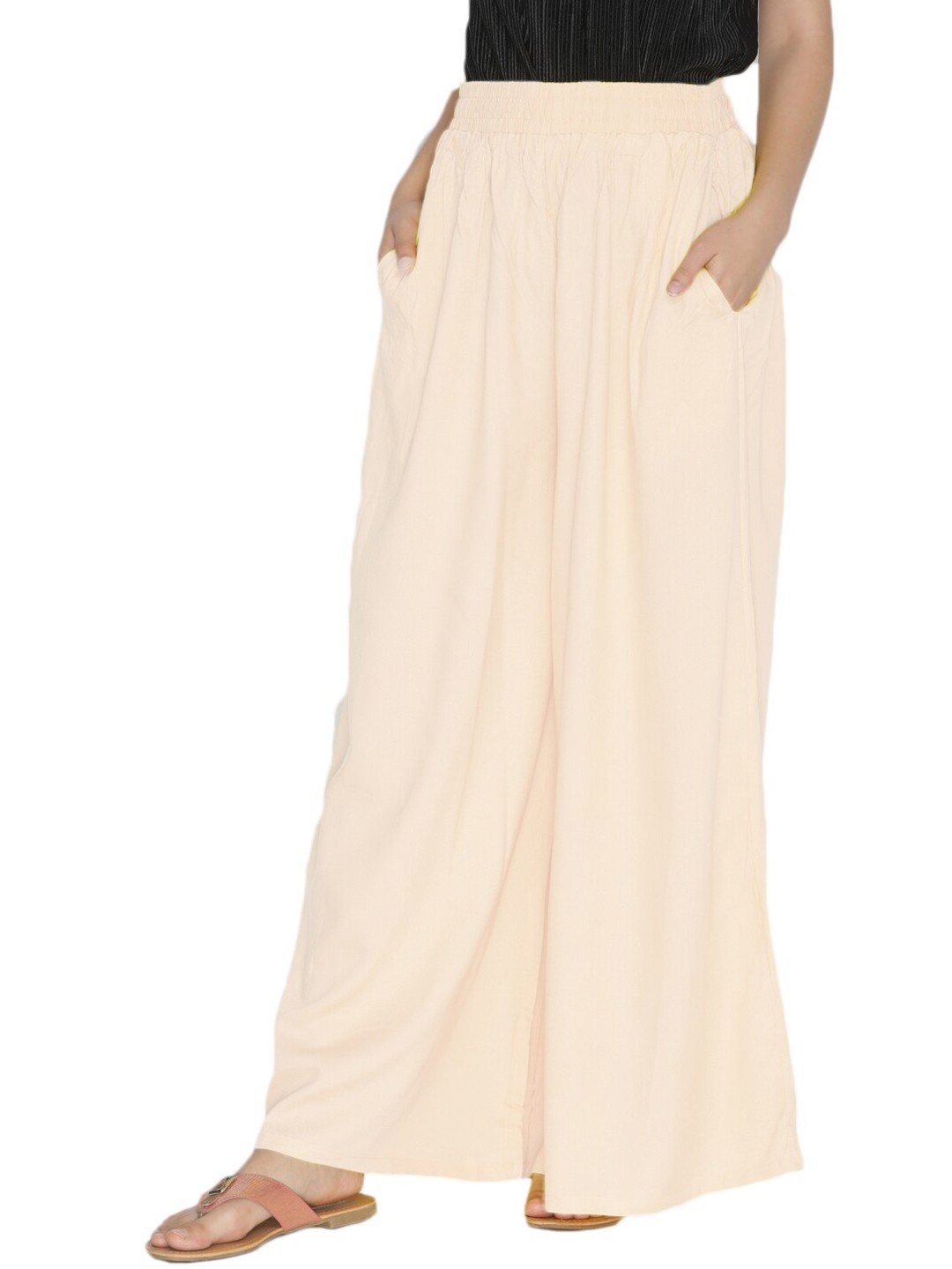 

LYRA Women Cream-Coloured Cotton Flared Knitted Palazzos