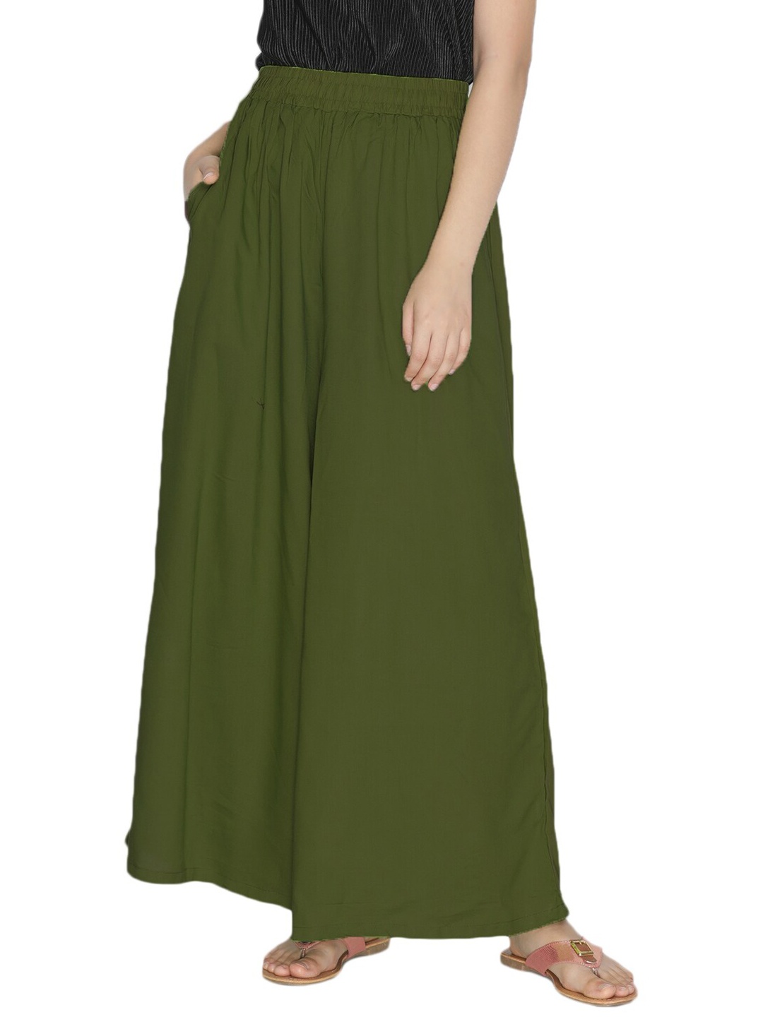 

LYRA Women Olive Green Cotton Flared Knitted Palazzos