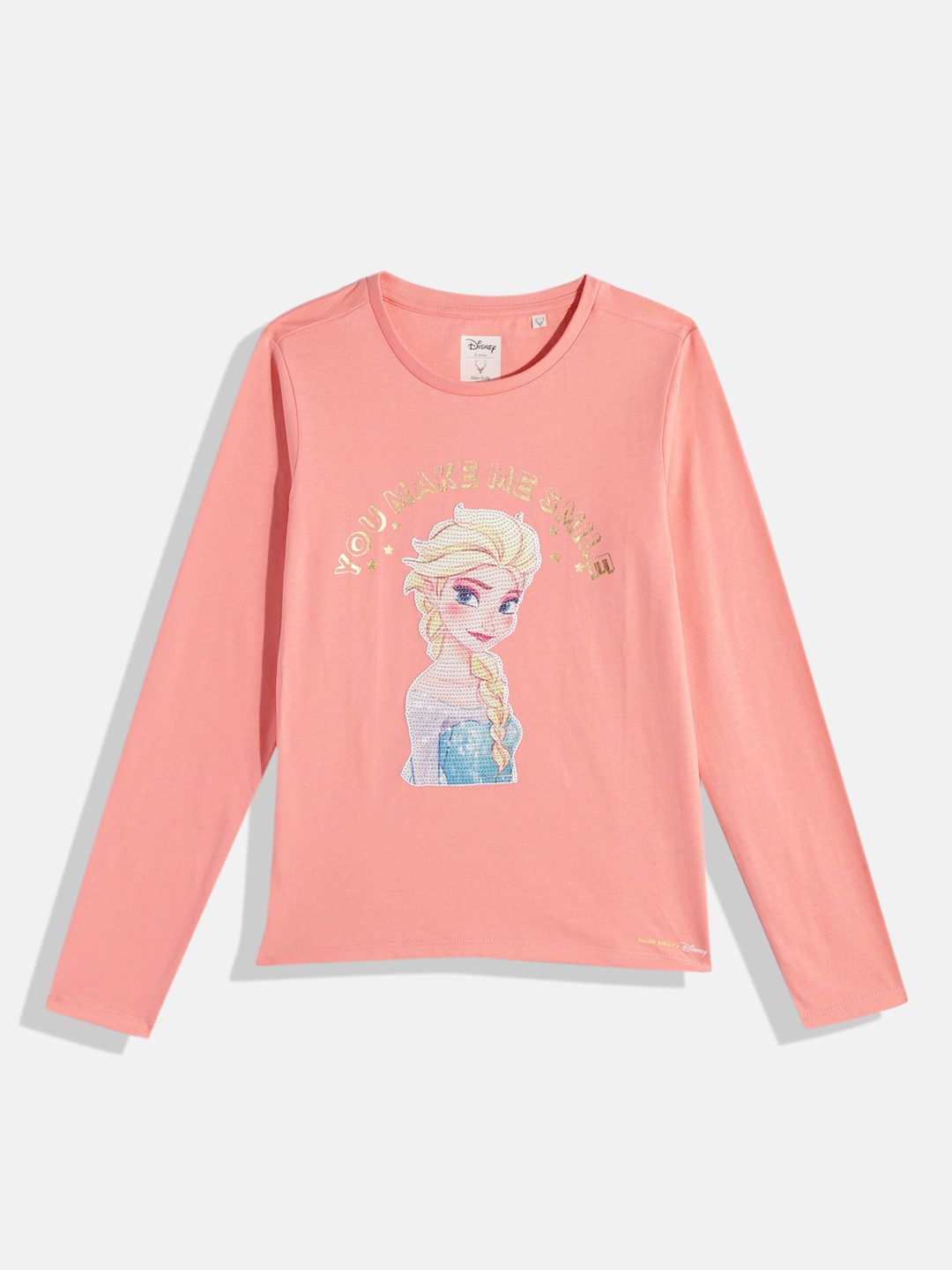 

Allen Solly Junior Girls Typography Printed Elsa Sequin Embellished Pure Cotton T-shirt, Peach