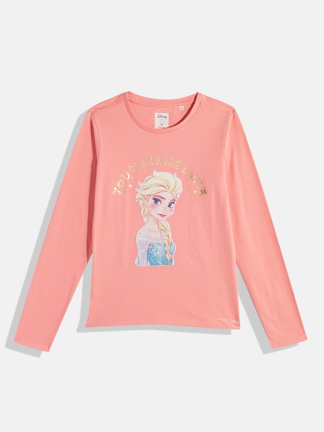 Allen Solly Junior Girls Typography Printed Elsa Sequin Embellished Pure Cotton T-shirt, Peach