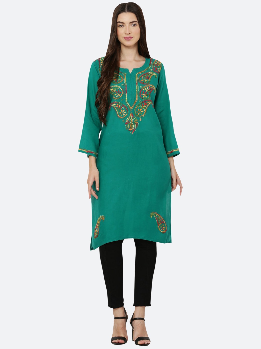 

FAWOMENT Women Green Ethnic Motifs Embroidered Thread Work Handloom Kurta