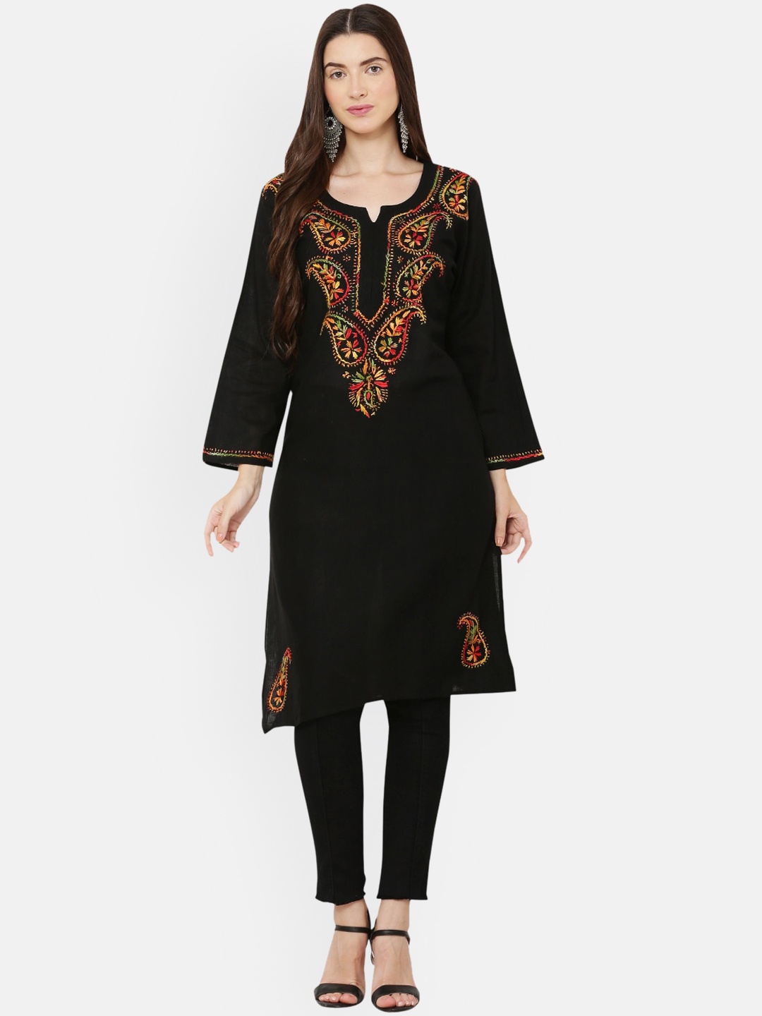 

FAWOMENT Women Black Ethnic Motifs Embroidered Thread Work Handloom Kurta