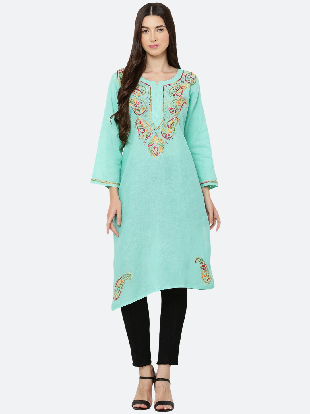 

FAWOMENT Women Sea Green Ethnic Motifs Embroidered Thread Work Handloom Kurta