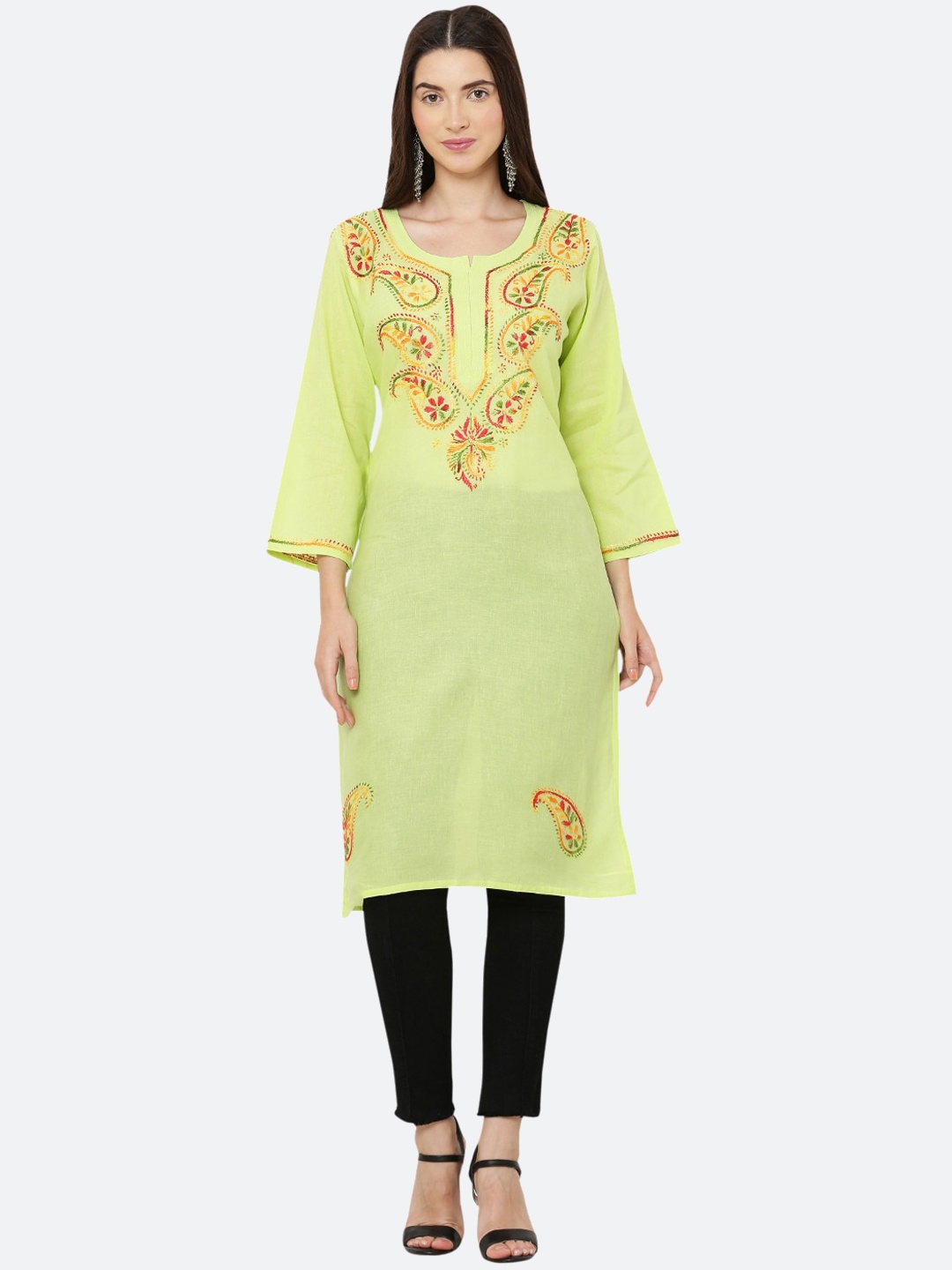 

FAWOMENT Women Lime Green Paisley Embroidered Thread Work Cotton Kurta