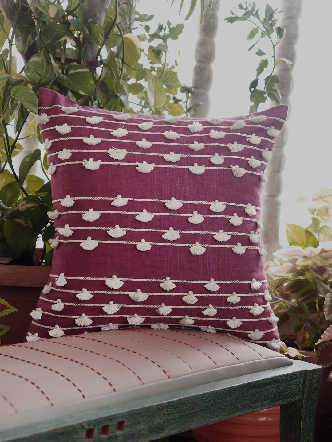 

ZEBA Burgundy & White Embroidered Square Cushion Cover