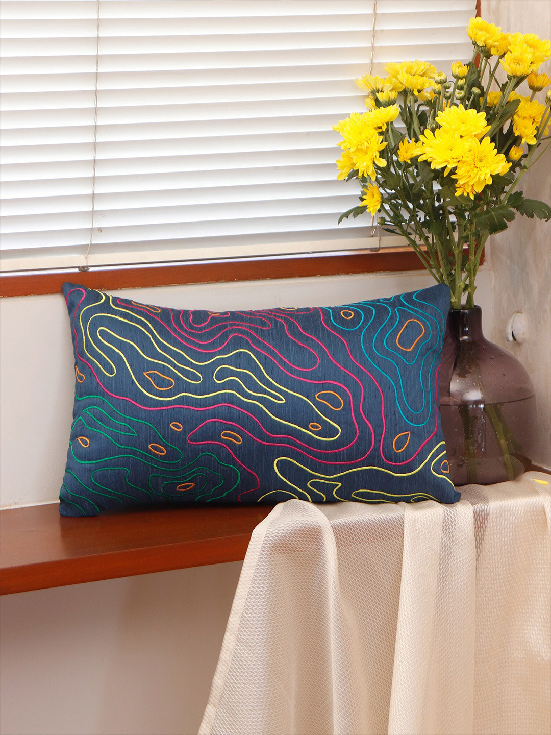 

ZEBA Blue & Yellow Embroidered Rectangle Cushion Cover