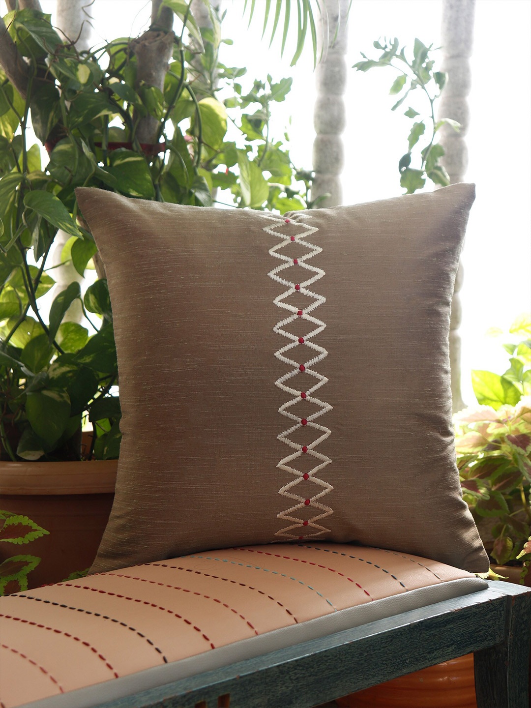 

ZEBA Green & Beige Embroidered Square Cushion Cover