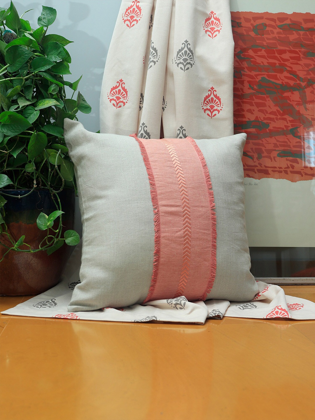 

ZEBA White & Peach-Coloured Embroidered Square Cushion Cover