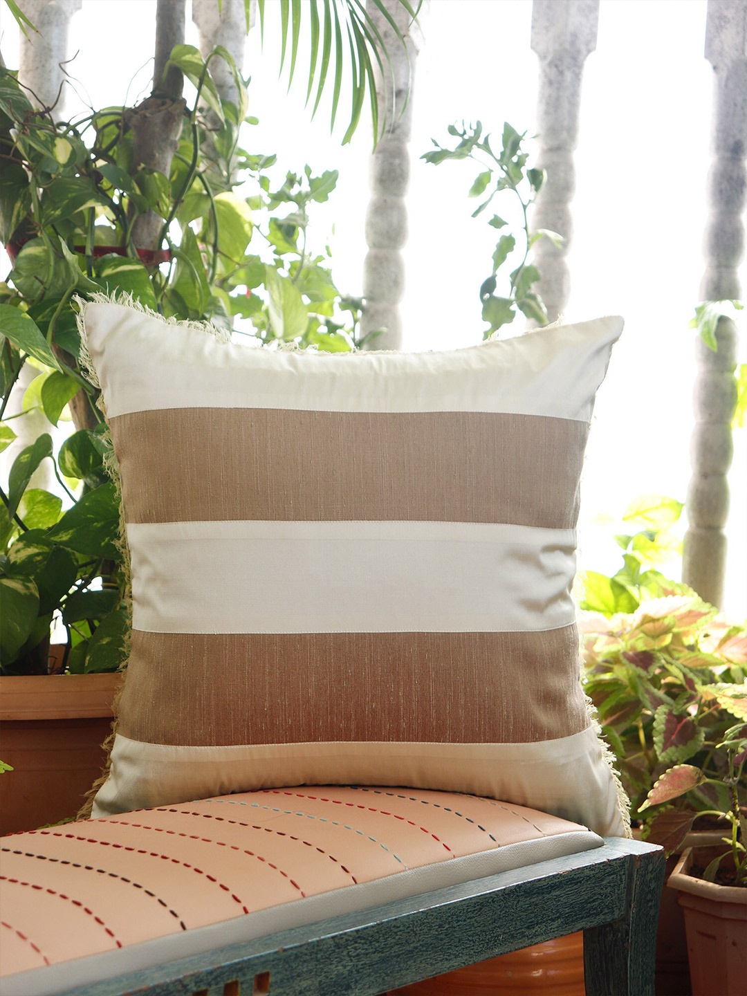 

ZEBA Grey & Off White Striped Square Cushion Cover