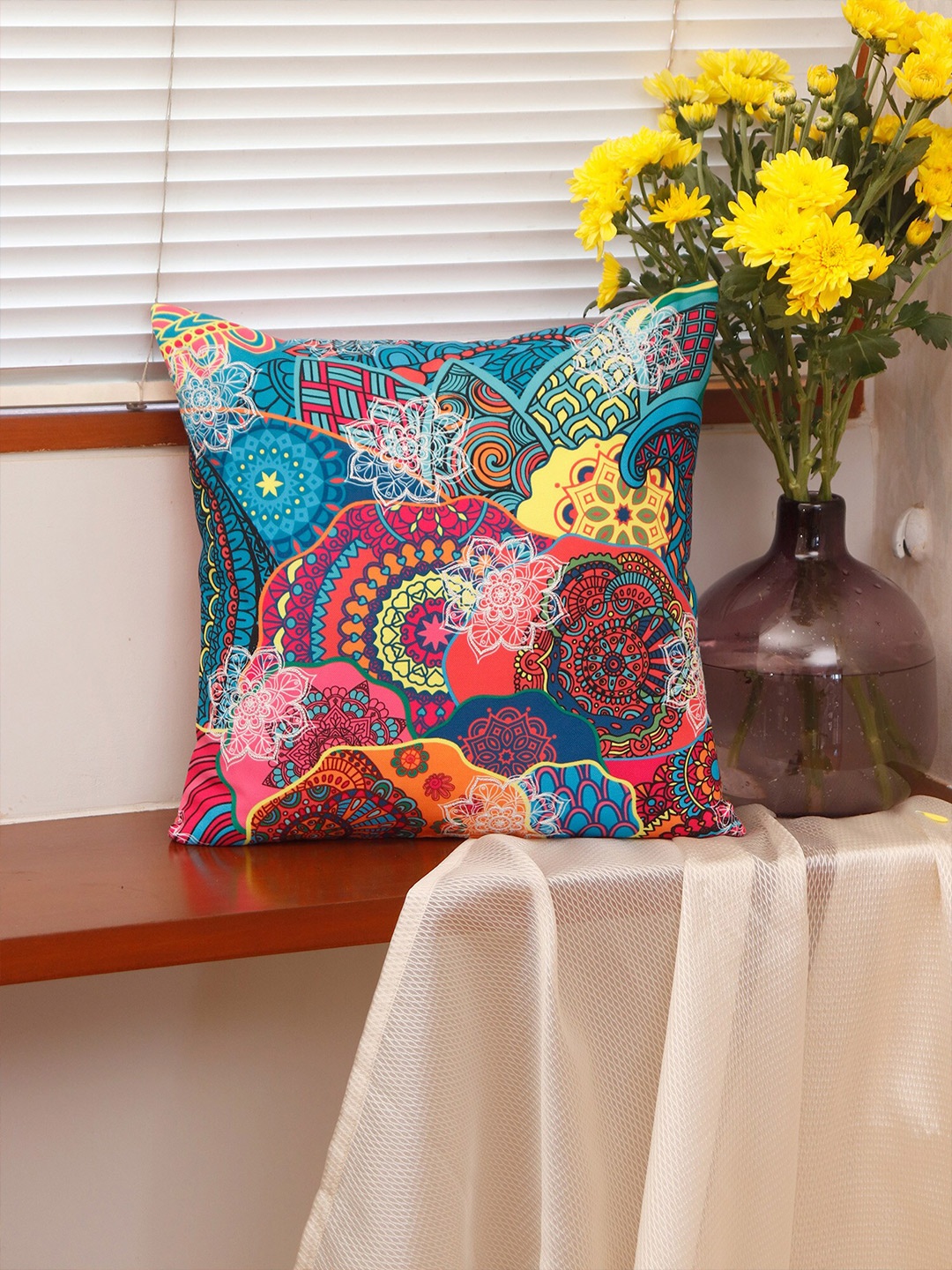 

ZEBA Blue & Red Floral Printed Square Cushion Cover