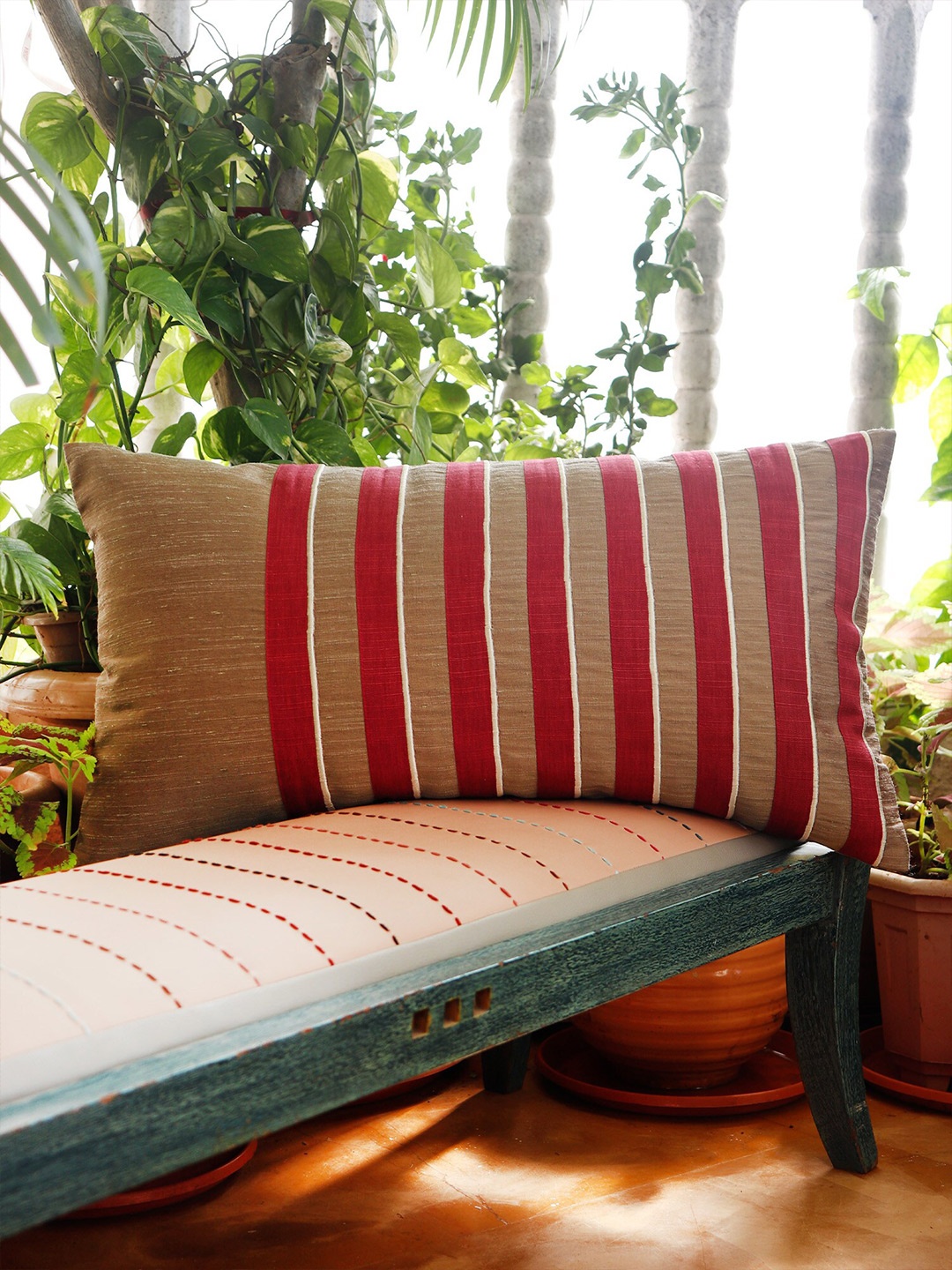 

ZEBA Beige & Red Striped Rectangle Cushion Cover