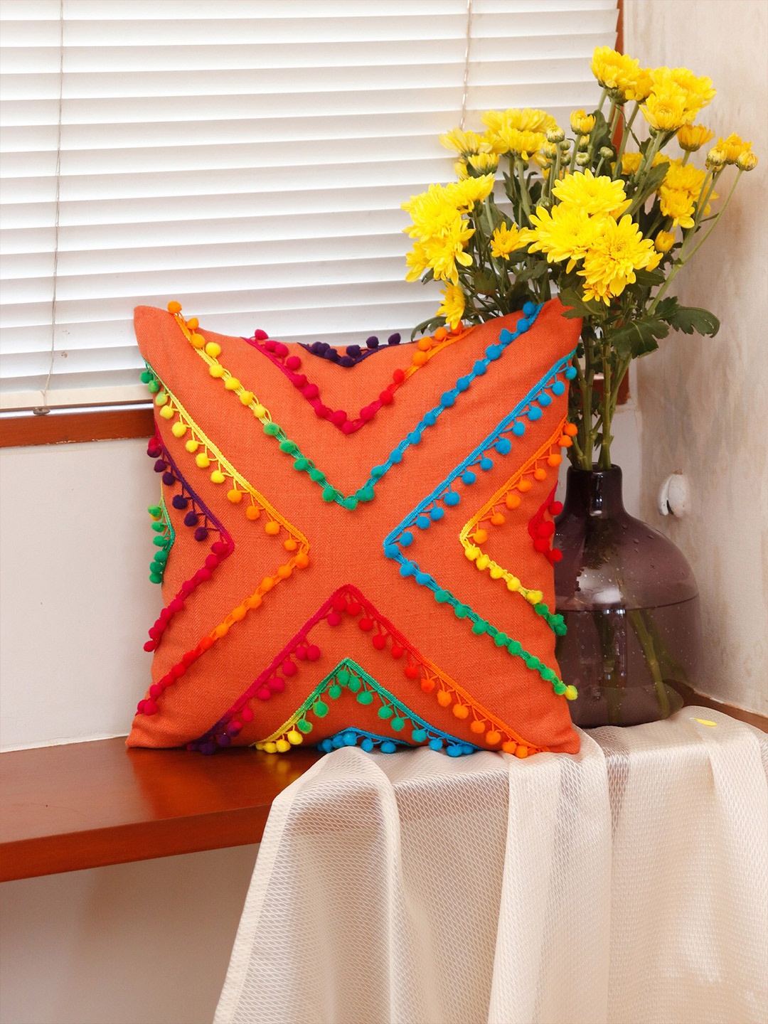 

ZEBA Orange & Yellow Embroidered Square Cushion Cover