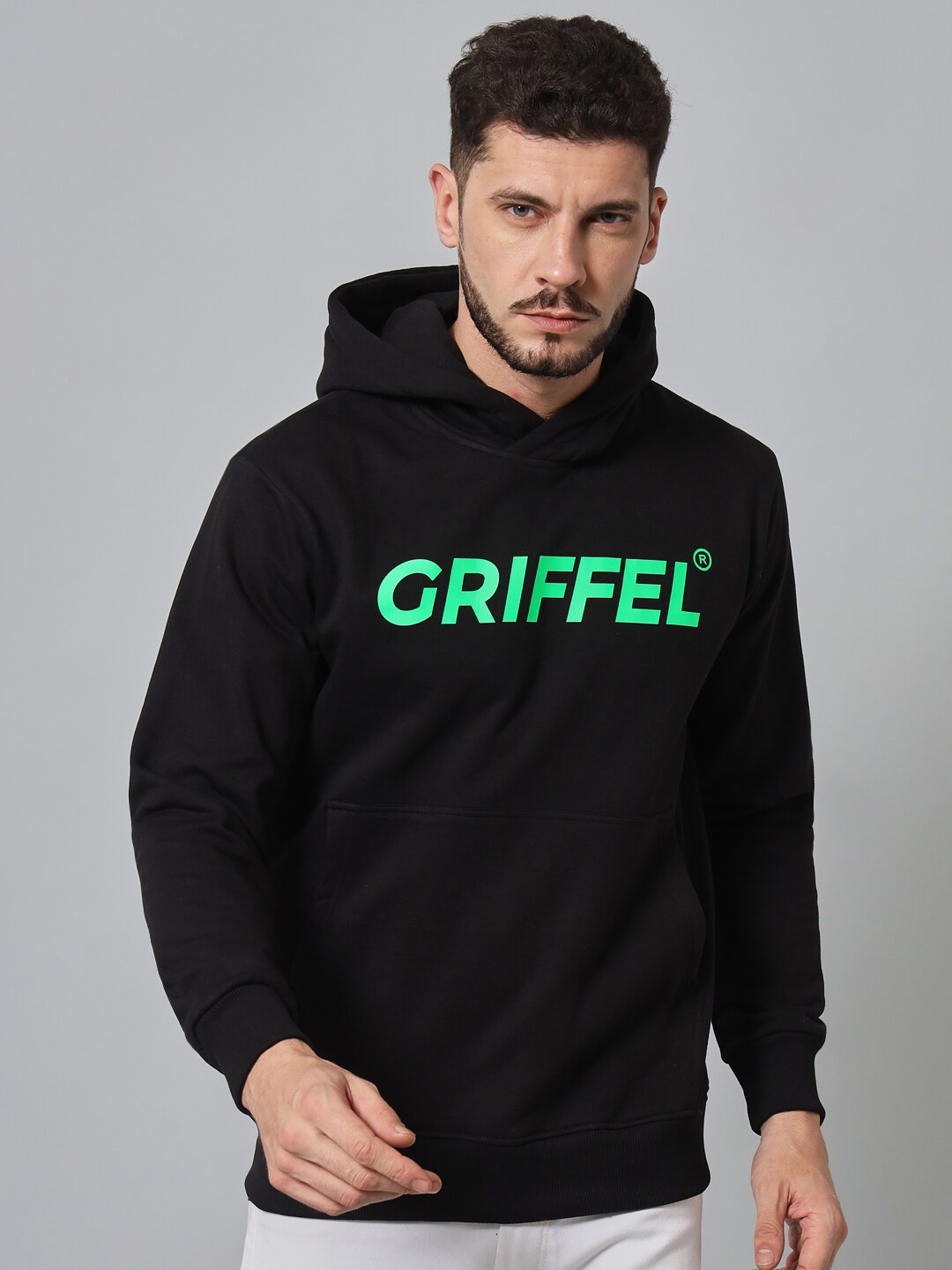 

GRIFFEL Men Black Printed Hooded Sweatshirt