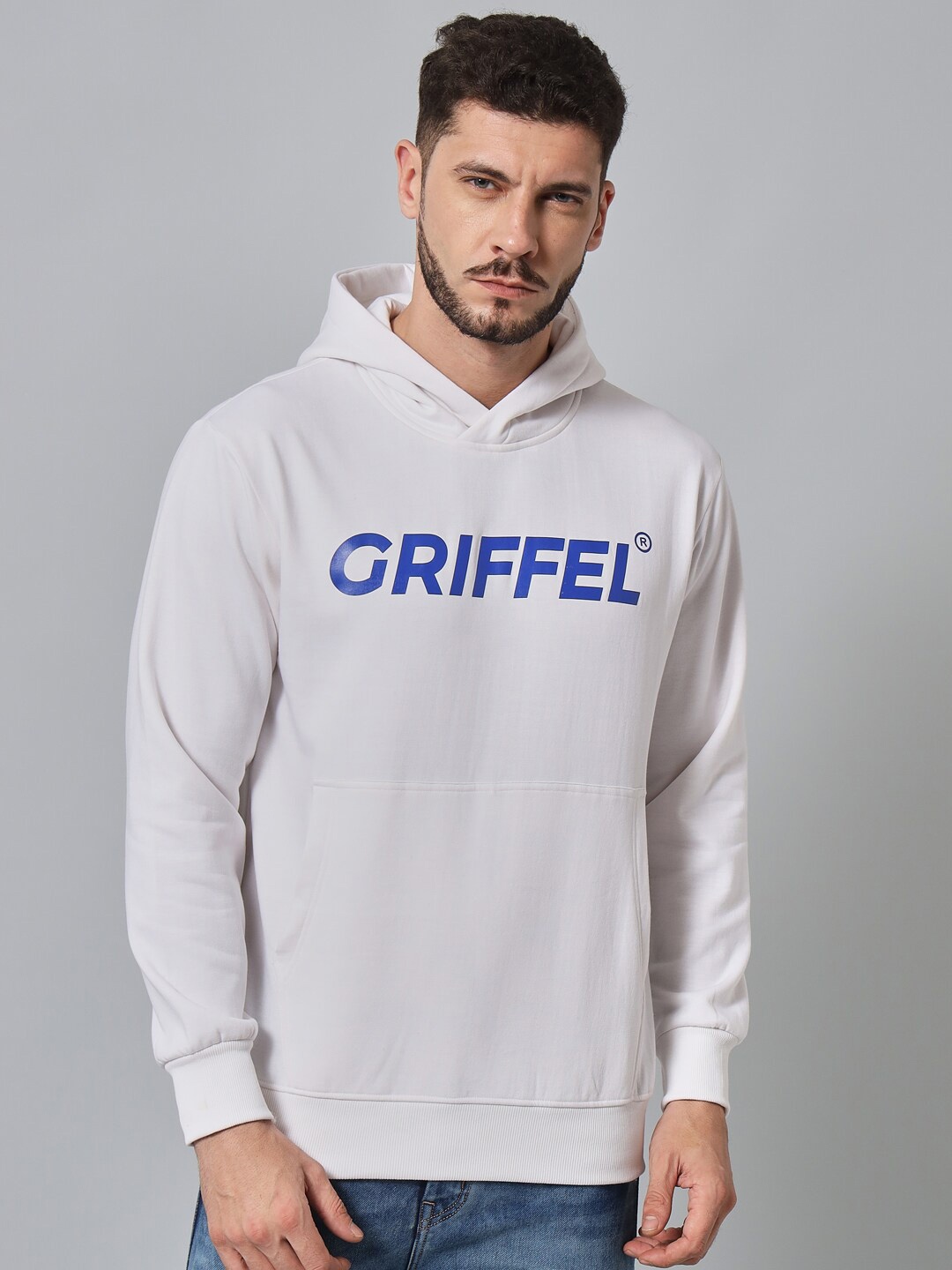 

GRIFFEL Men White & Blue Printed Hooded Sweatshirt