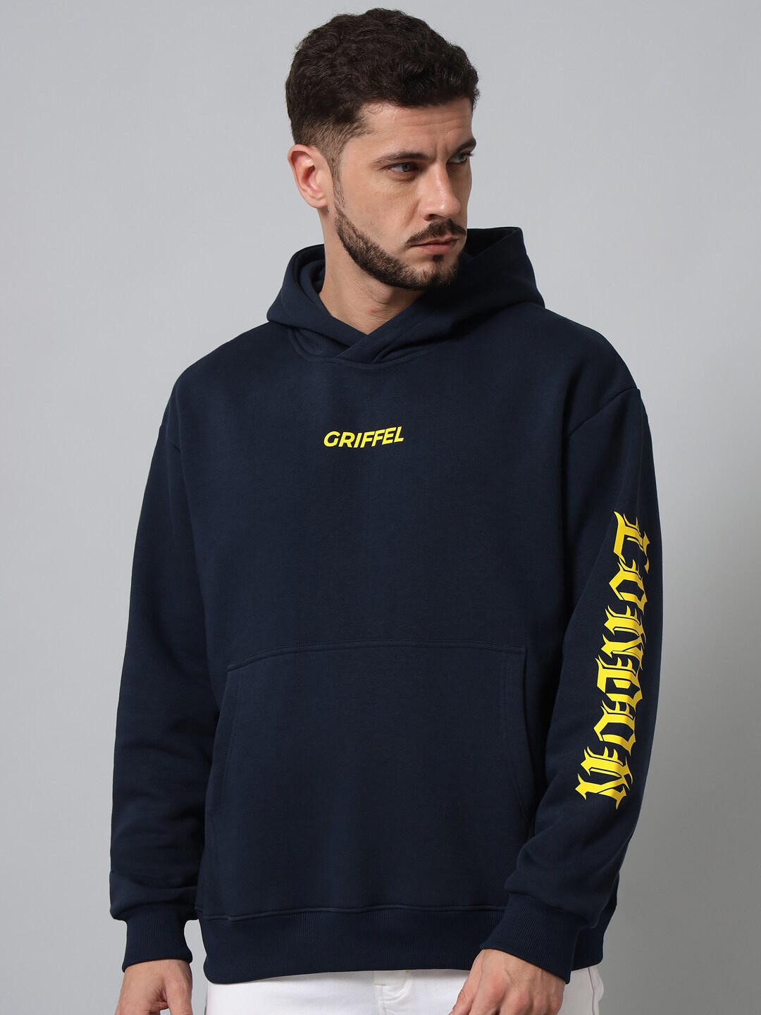 

GRIFFEL Men Navy Blue & Yellow Printed Hooded Sweatshirt