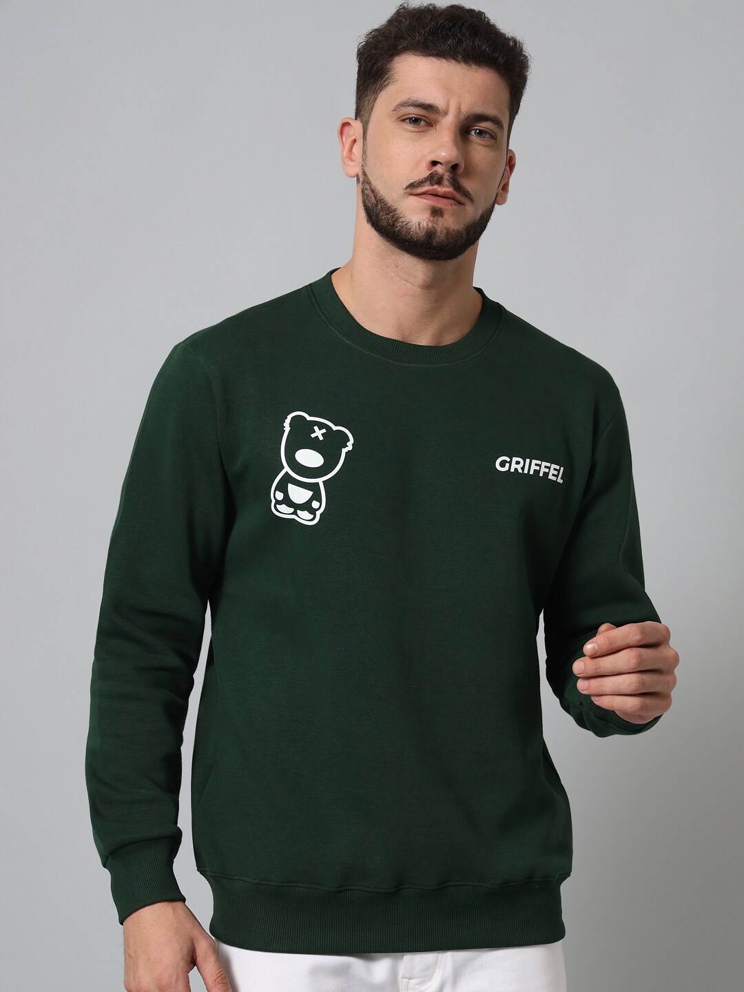 

GRIFFEL Men Dark Green & White Printed Sweatshirt