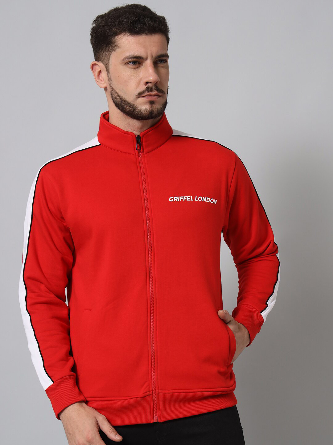 

GRIFFEL Men Red & White Mock Collar Sweatshirt