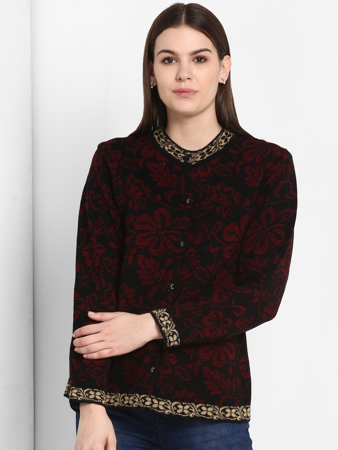 

Modeve Women Black & Red Floral Cardigan