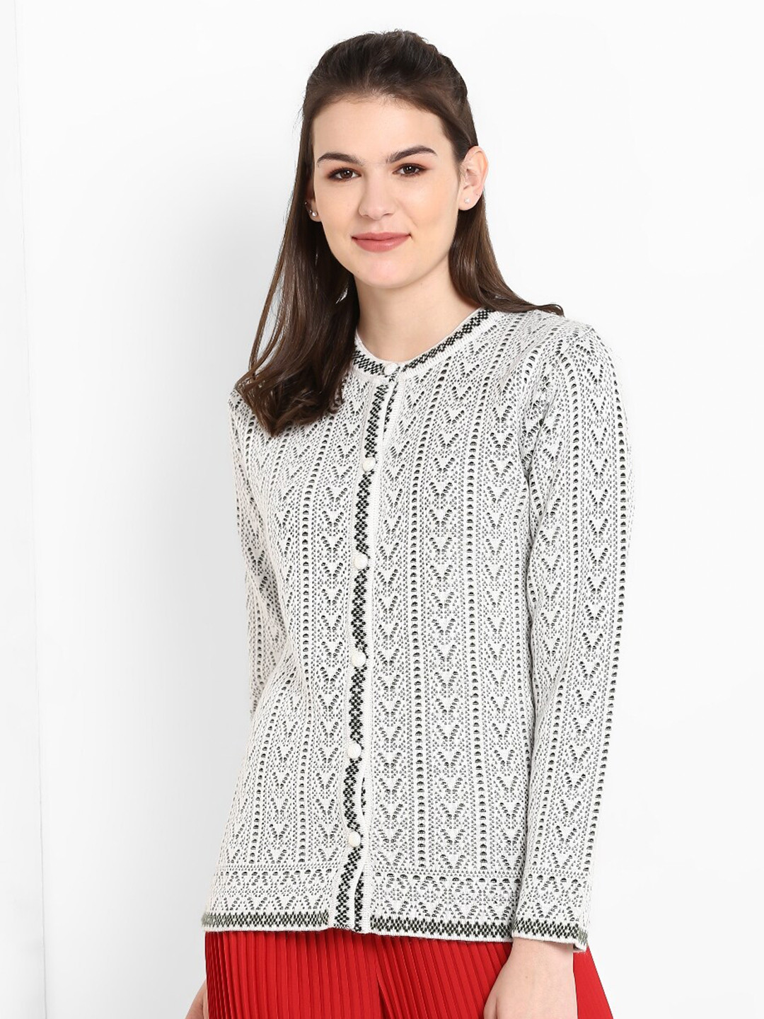 

Modeve Women White & Grey Cardigan