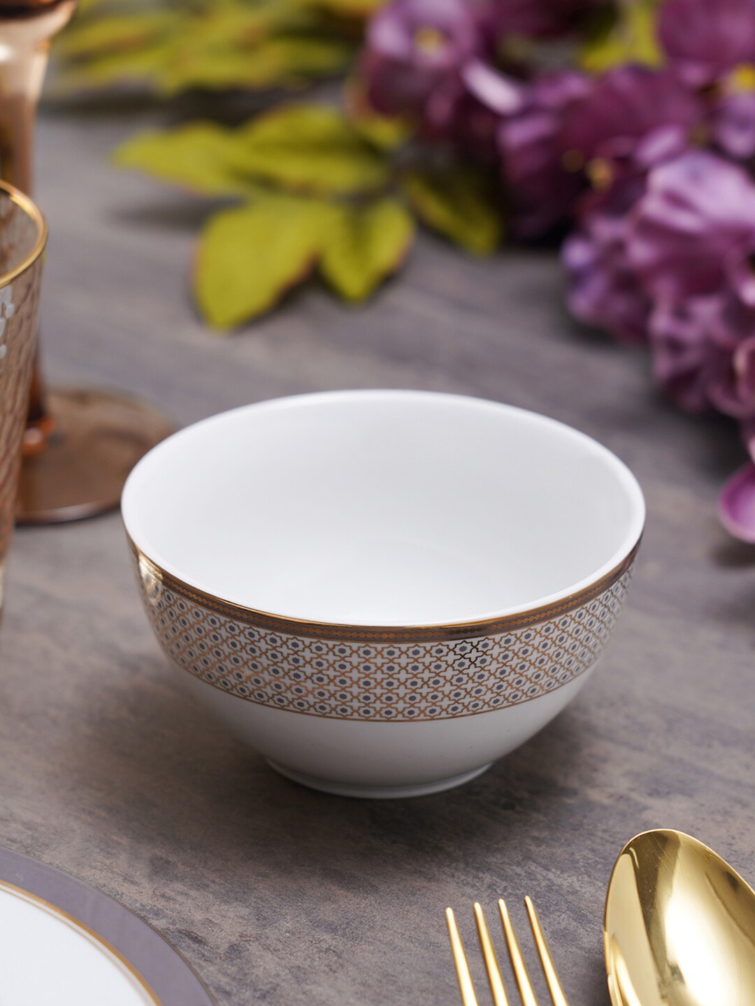 

Pure Home and Living Set Of 2 White & Gold Printed Ceramic Matte Bowls