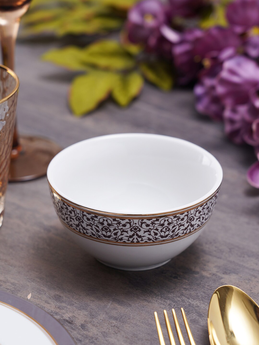 

Pure Home and Living Set Of 2 White & Grey Printed Ceramic Glossy Bowls