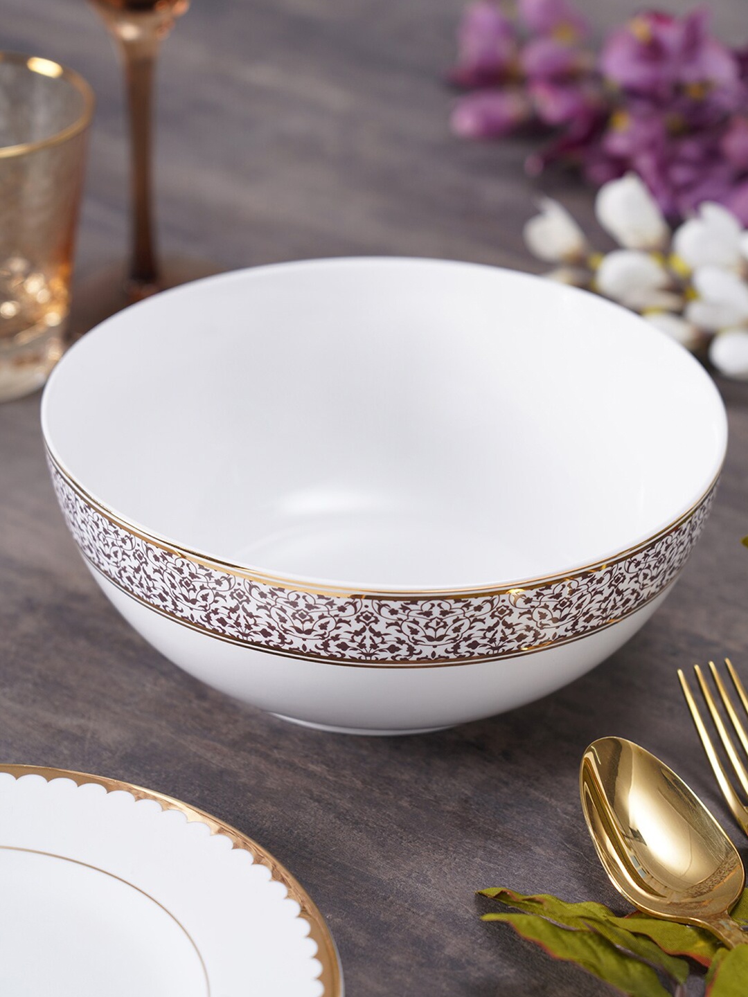 

Pure Home and Living White & Gold Printed Ceramic Glossy Bowl