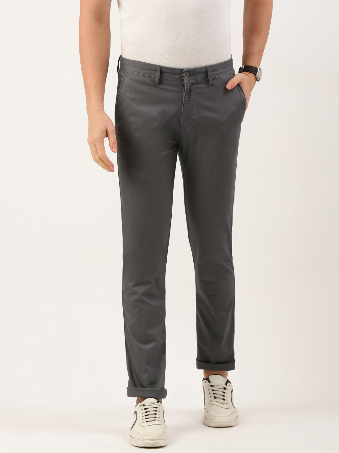 

Peter England Better Jeans Company Men Super Slim Fit Trousers, Grey