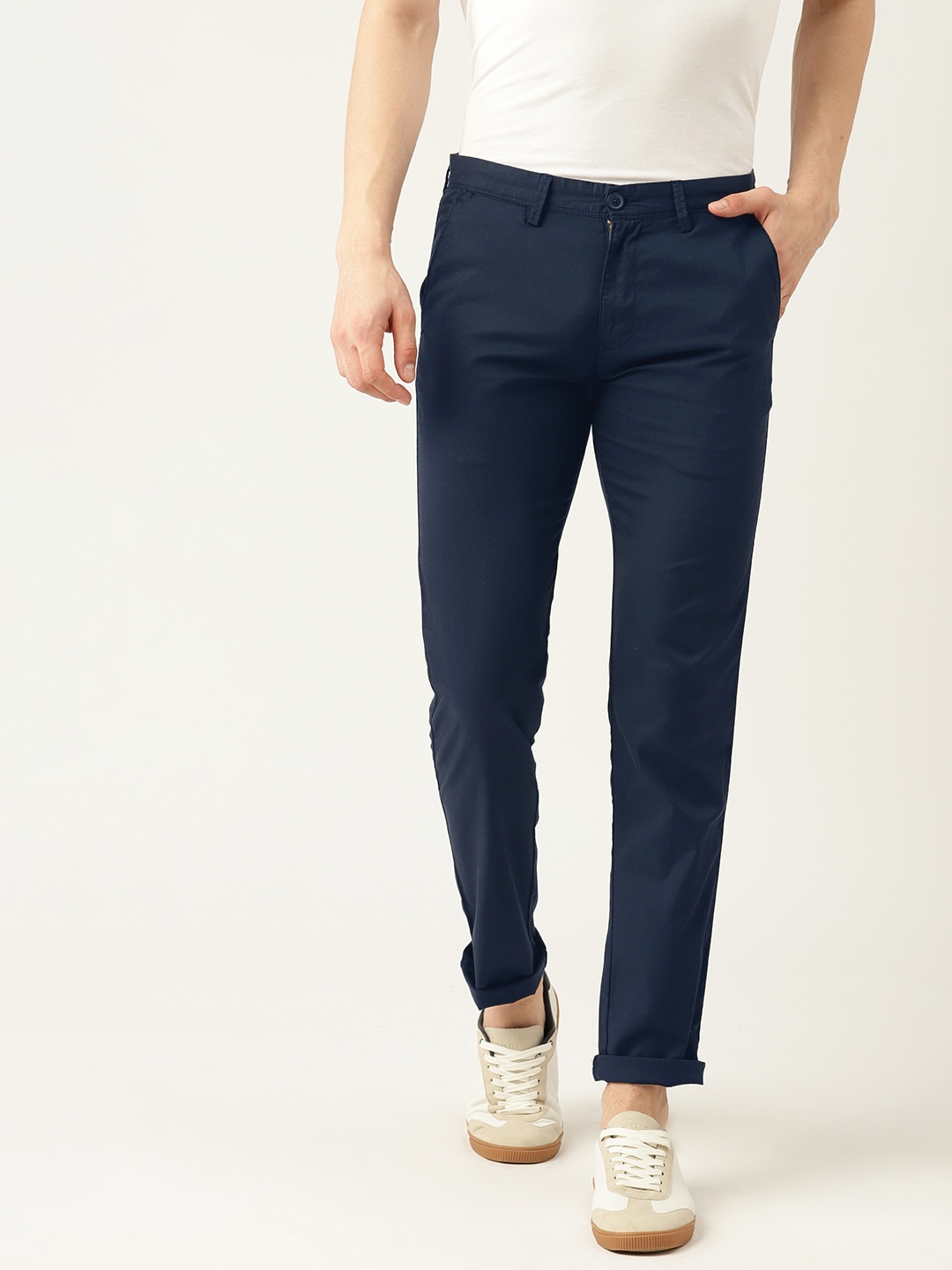 

Peter England Better Jeans Company Men Super Slim Fit Trousers, Navy blue