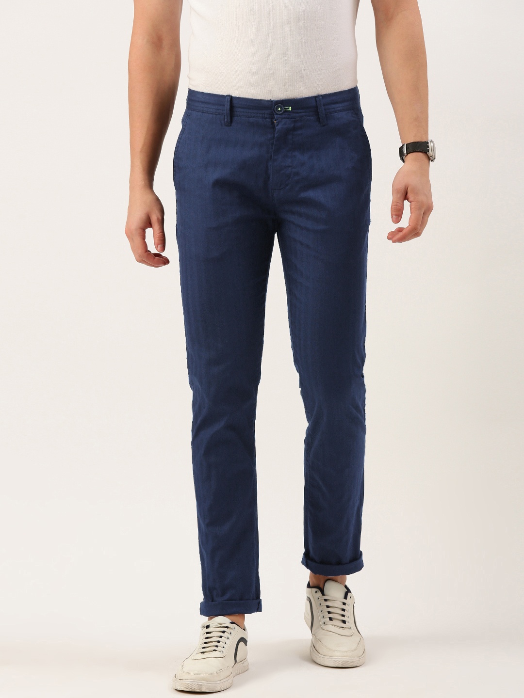 

Peter England Better Jeans Company Men Super Slim Fit Trousers, Navy blue