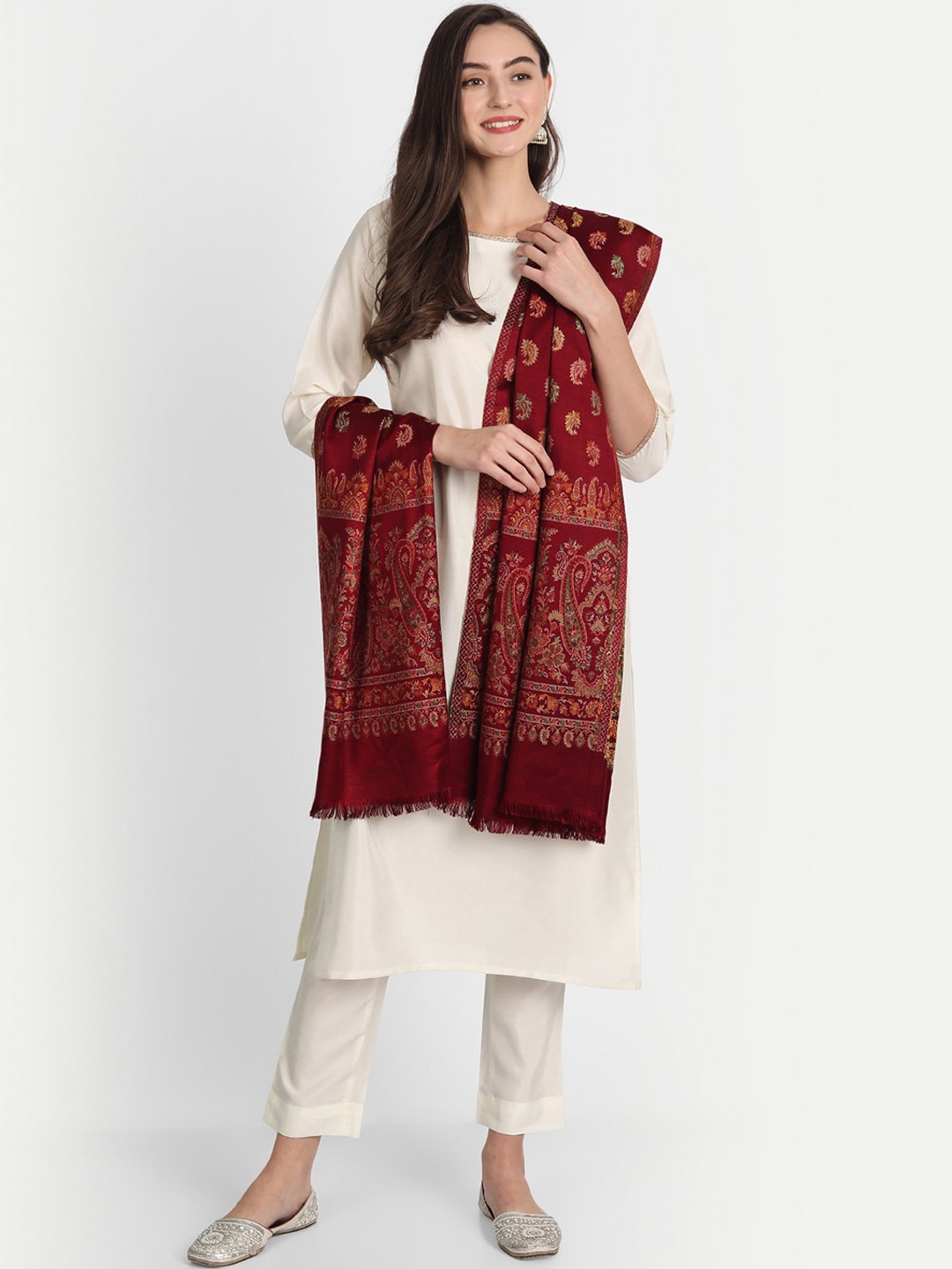 

HK colours of fashion Women Maroon Woven Design Wool Shawl Shawl