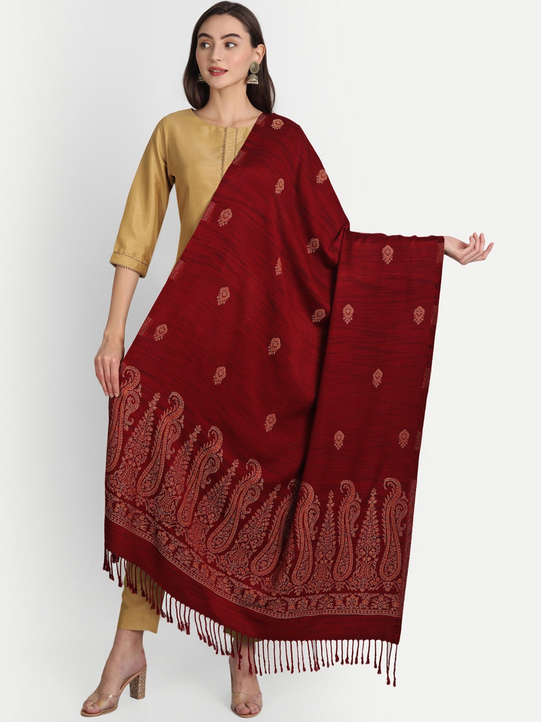 

HK colours of fashion Women Maroon Woven Design Wool Shawl