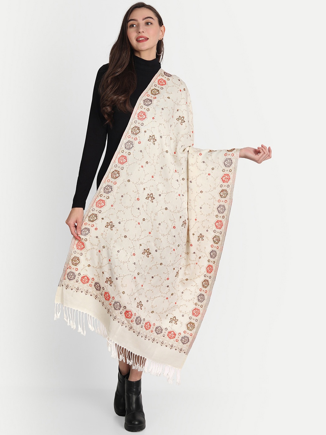 

HK colours of fashion Women Off White Woven-Design Shawl