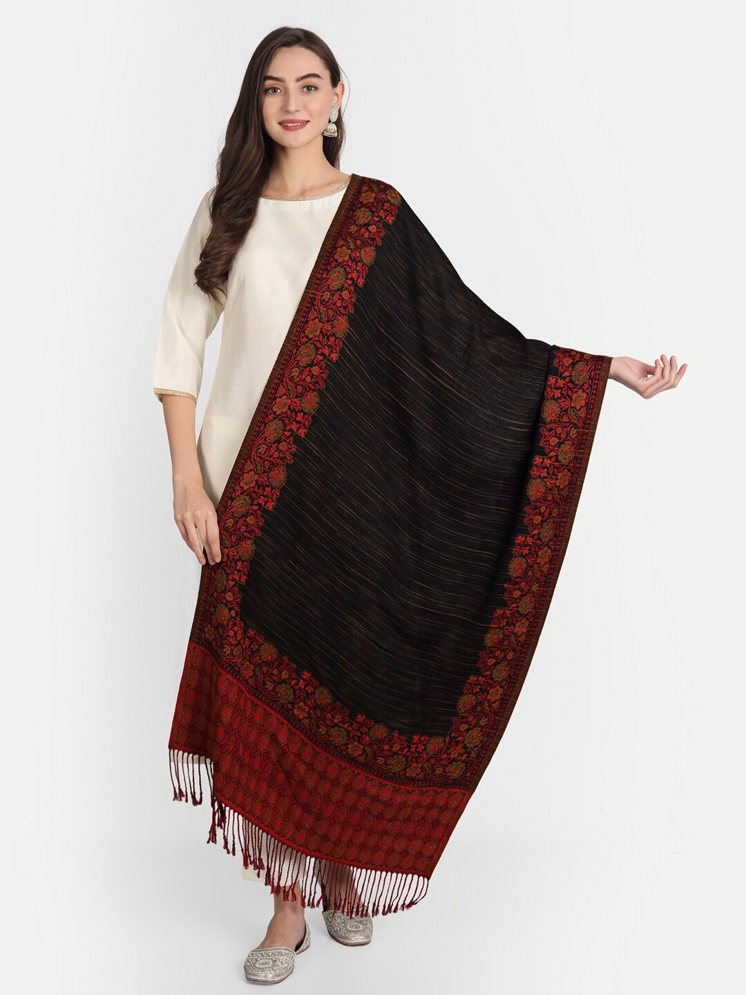 

HK colours of fashion Women Black & Maroon Woven Design Stole