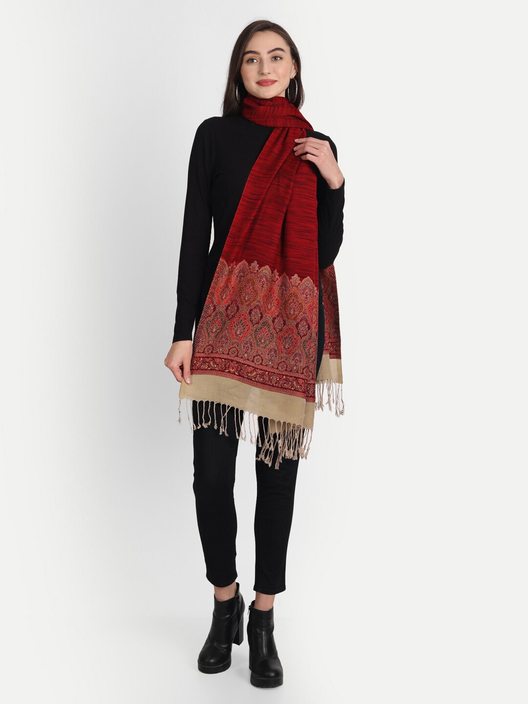 

HK colours of fashion Women Maroon & Orange Woven Design Stole