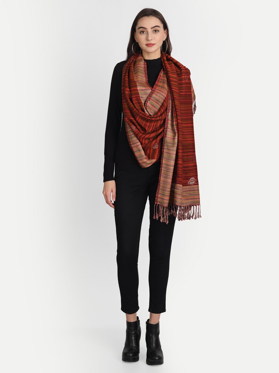 

HK colours of fashion Women Maroon & Green Striped Stole