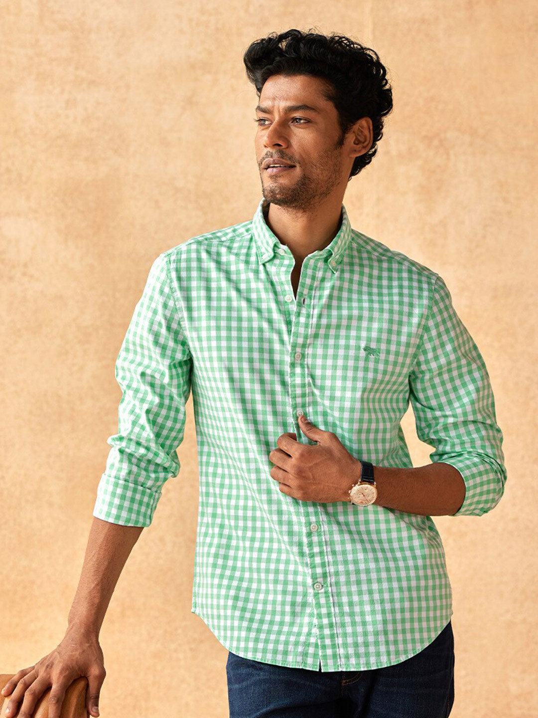

Andamen Men Green Classic Slim Fit Gingham Checks Cotton Casual Shirt