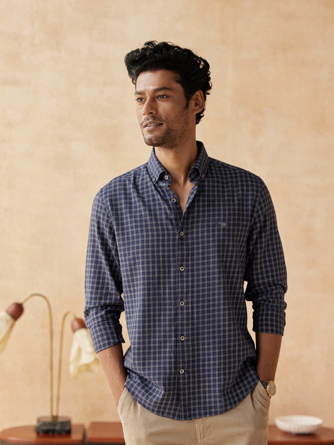 

Andamen Men Blue Classic Slim Fit Checked Casual Cotton Shirt