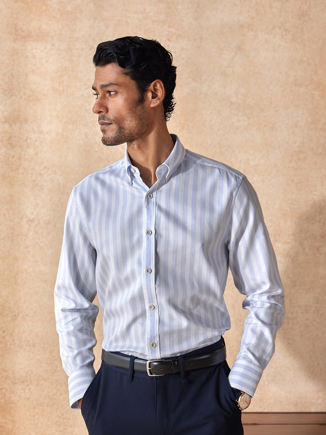 

Andamen Men White Classic Striped Formal Cotton Shirt